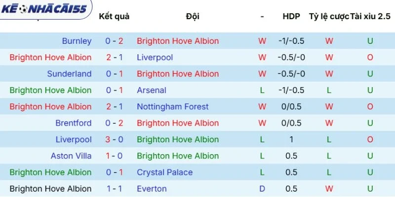 Kết quả ra sân Brighton gần đây